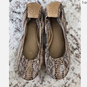 Tory Burch Eddie Snake Watersnake Veg Leather Ballet Flats Tan Brown